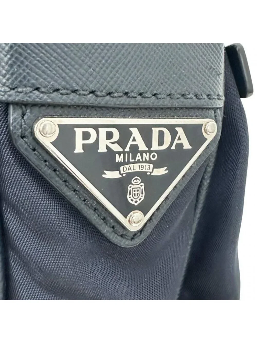 Prada Shoulder Bag Crossbody Nylon Saffiano Leather Navy Silver